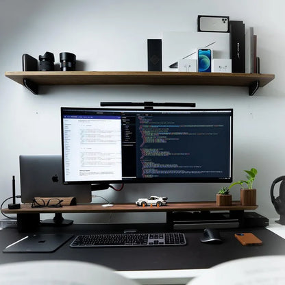 Dark walnut wood computer monitor stand shelf