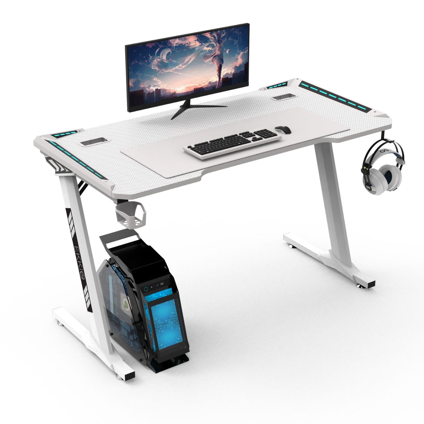 RGB lights Z-shaped gaming desk – White